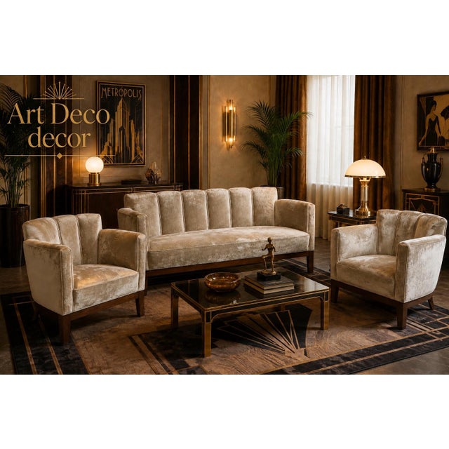 1950s 1950s Art Deco Scalloped Velvet Lounge Chairs and Sofa Set For Sale - Image 5 of 11