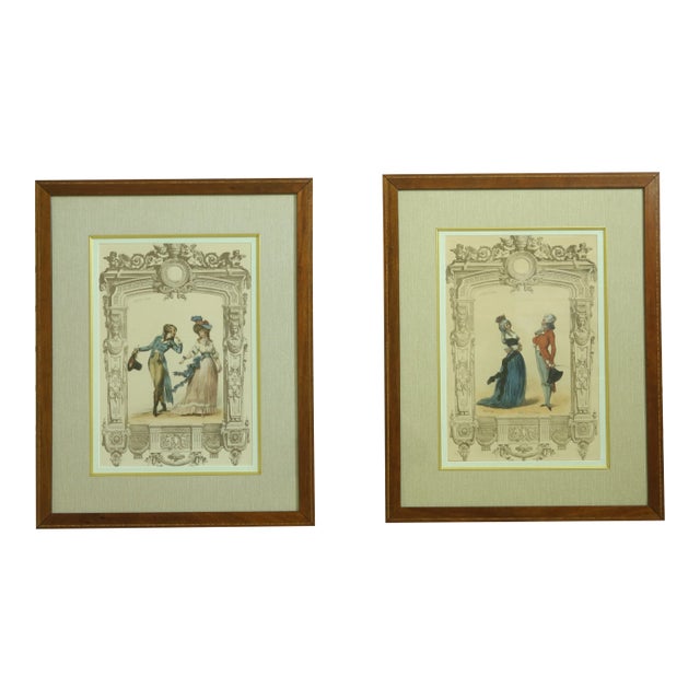 Vintage Classical Colored Engraving Fashion Prints - a Pair For Sale