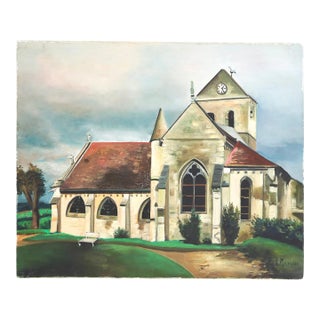 Midcentury French Church Painting, Oil on Canvas For Sale