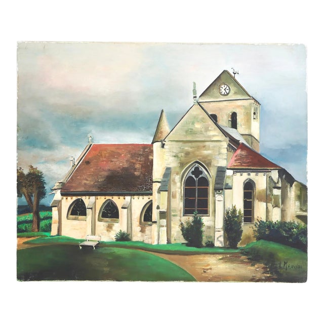 Midcentury French Church Painting, Oil on Canvas For Sale