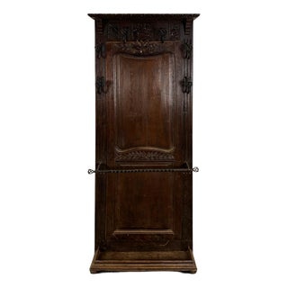 Carved Oak Entryway Coat Rack with Wrought Iron Hooks For Sale