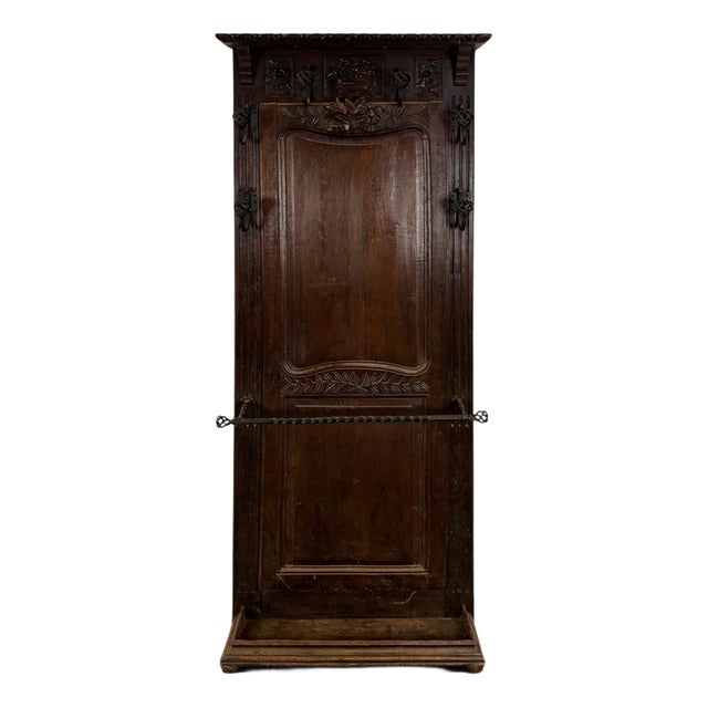 Carved Oak Entryway Coat Rack with Wrought Iron Hooks For Sale