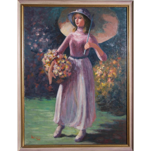 Philippe Alfieri, Woman With Flower Basket, Oil on Canvas, Signed l.l. For Sale