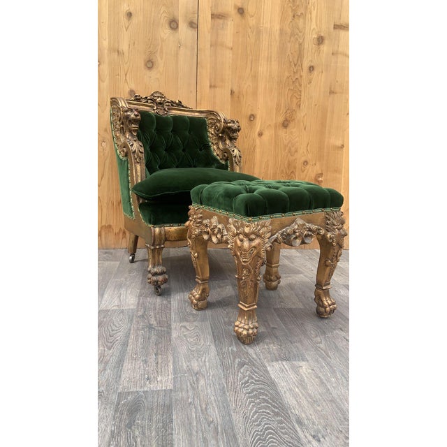 Antique French Renaissance Figural Chair and Ottoman Newly Upholstered ...