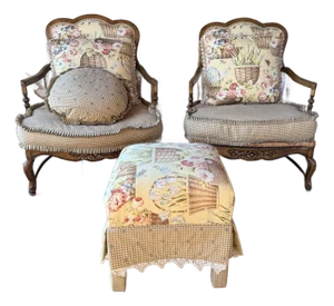 Late 20th Century Pair of Louis XV Floral Motif Upholstered Rush Seat Lounge ArmChairs With Ottoman