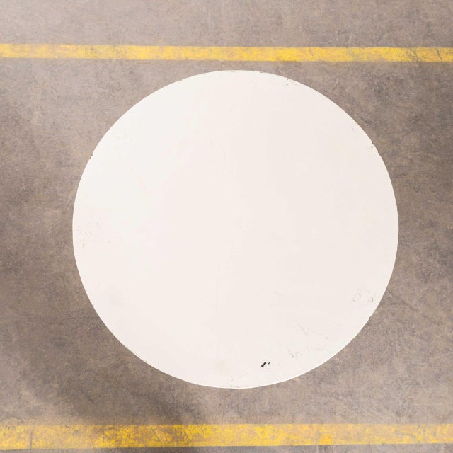 1950’s White French Bistro Café Table. Classic French gueridon table with three solid bars, hand shaped legs forged into a...