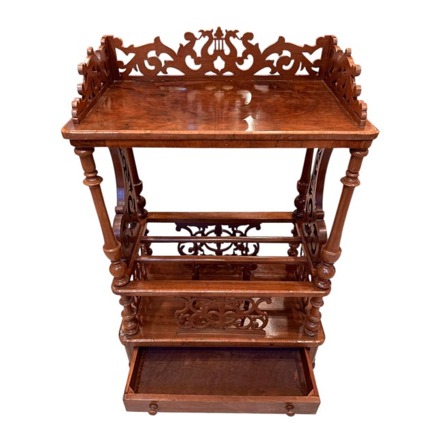 Late 19th Century Victorian Burr Walnut Canterbury / Sheet Music What-Not on Castors — Rich Figured Veneer For Sale - Image 9 of 12