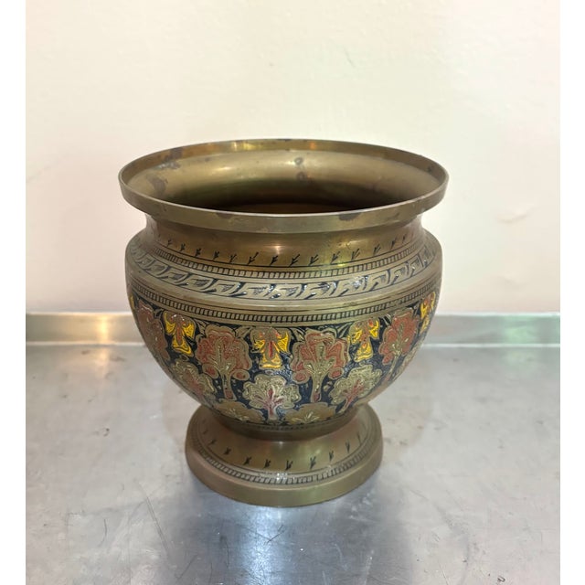 1940s-50s enameled brass Indian ornate pedestal vase or planter. Some mild patina to metal throughout as shown.