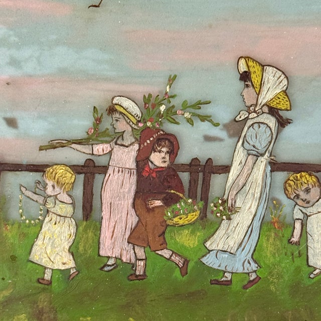Late 19th Century Antique Glass Painting of Nursery-Rhyme Like Theme With Children & Adults Outside For Sale - Image 5 of 11