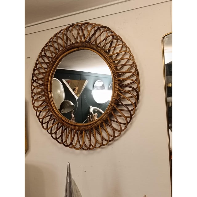 Wood Round Rattan and Bamboo Wall Mirror attributed to Franco Albini, 1960s For Sale - Image 7 of 10