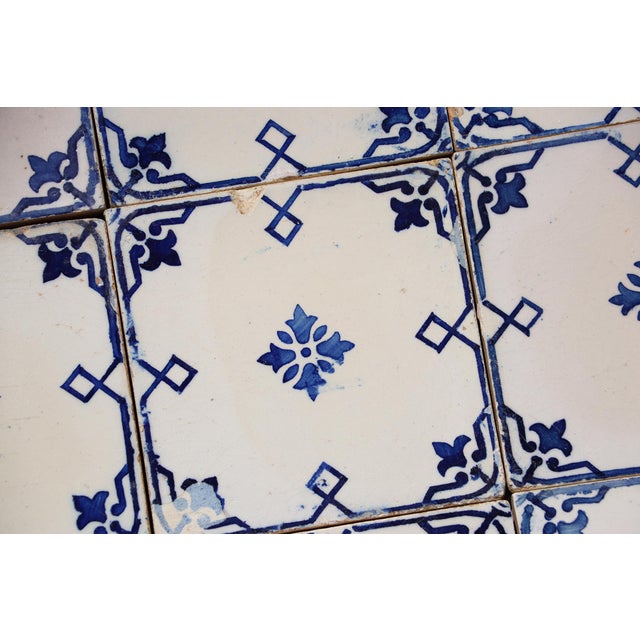 Ceramic Antique 1920s Portuguese Art Deco Tiles Cobalt Blue Floral Crosses Set of 16 For Sale - Image 7 of 14