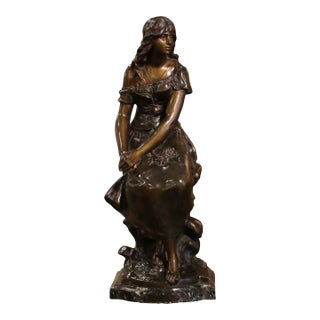 19th Century French Patinated Spelter Sculpture of Young Woman Signed A. Moreau For Sale