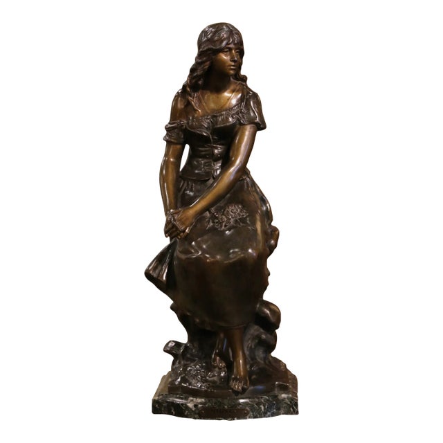 19th Century French Patinated Spelter Sculpture of Young Woman Signed A. Moreau For Sale