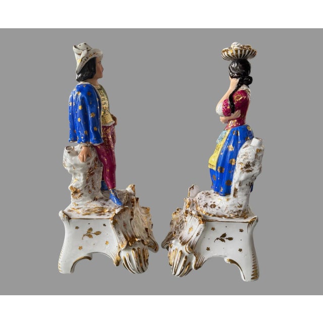 Early 20th Century Pair of Antique Victorian Figural Man & Woman Porcelain Statue Scupltures For Sale - Image 5 of 9