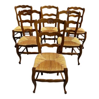 1910s Vintage French Country Provencal Solid Walnut Rush Seat Dining Chairs - Set of 6 For Sale