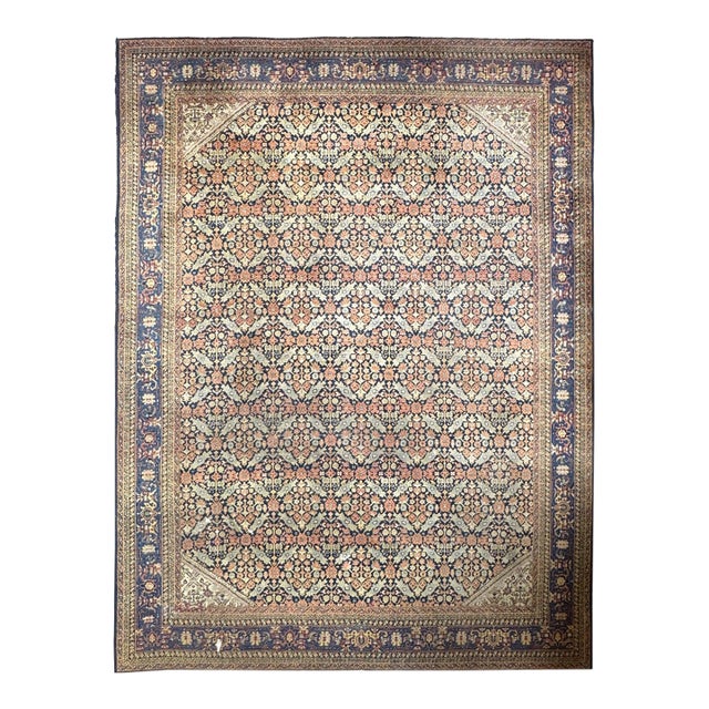 DESIGNER'S DREAM Oversized Antique Turkish Beauty in a Tight Lattice Pattern with Decorative Greens, Blues, Rust, Gold, Denim Palette | ~ 11 x 14 For Sale