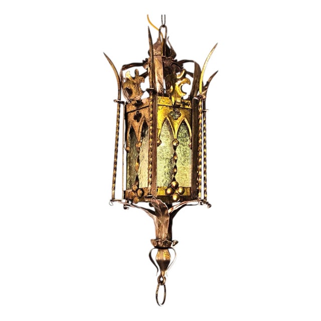 Spanish Revival Brass Lantern With Amber Glass Panels – Addison Mizner Gothic Mediterranean Pendant Light For Sale
