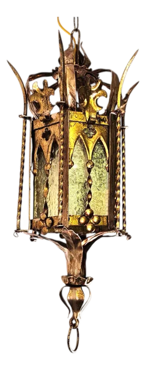 Spanish Revival Brass Lantern With Amber Glass Panels – Addison Mizner Gothic Mediterranean Pendant Light
