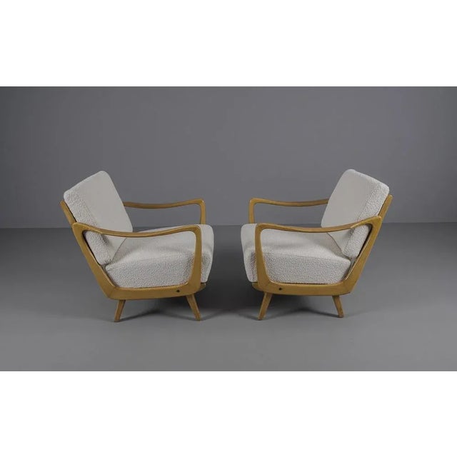 Set of White Boucle Fabric and Wooden Armchairs, 1950s For Sale - Image 6 of 10