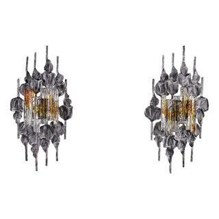 Large Brutalist Wall Sconces in Wrought Iron and Glass, 1970s, Set of 2 For Sale