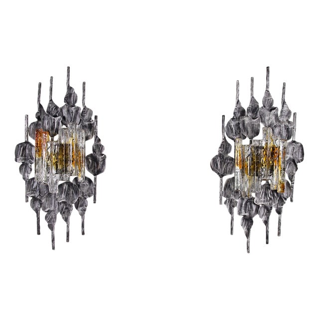 Large Brutalist Wall Sconces in Wrought Iron and Glass, 1970s, Set of 2 For Sale