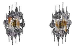 Large Brutalist Wall Sconces in Wrought Iron and Glass, 1970s, Set of 2