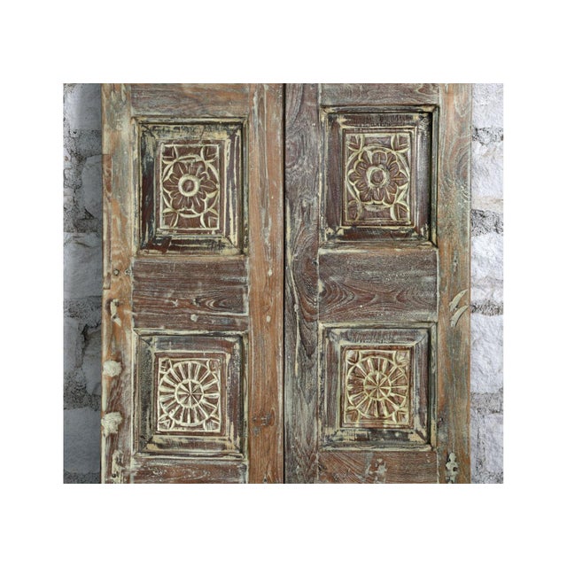 1920s Mid Century Floral Carved Double Doors – Rustic Modern Solid Wood Doors80x28 For Sale - Image 5 of 5