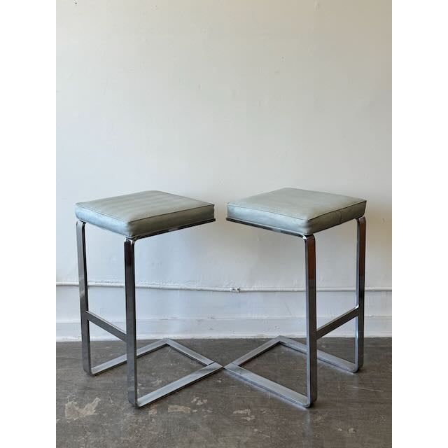 Vintage Pair of Milo Baughman Style Barstools in Blue-Gray Alligator Vinyl For Sale - Image 10 of 11