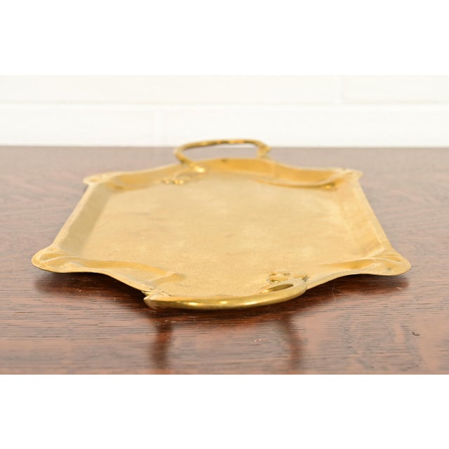 Brass Liberty & Co. Style English Arts & Crafts Hammered Brass Handled Serving Tray For Sale - Image 8 of 11