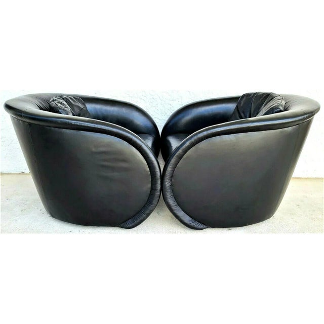 Preview Mid-Century Modern Black Leather Swivel Barrel Lounge Chairs by Preview - a Pair For Sale - Image 4 of 10