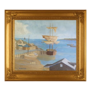 W. Markovich Harbor Scene, Mid-Century American Oil on Board, Coastal Seascape For Sale