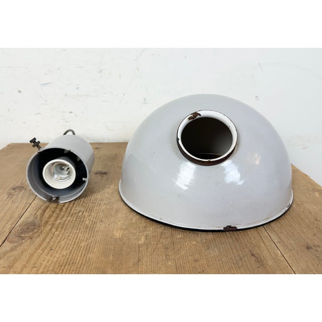 Industrial Grey Enamel Factory Pendant Lamp, 1960s For Sale - Image 16 of 18