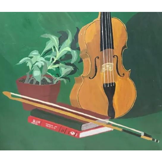 Mid-Century Modern 1960s Still Life - Violin, Bow, Plant and Books Modern and Colorful. Red Book - 20th Century Book Keeping and Advertising. For Sale - Image 3 of 5
