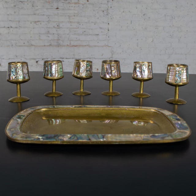Mid 20th Century Mid-20th Century MCM 6 Cordial Stemmed Shots and Tray Set Abalone and Brass From Taxco Mexico For Sale - Image 5 of 18