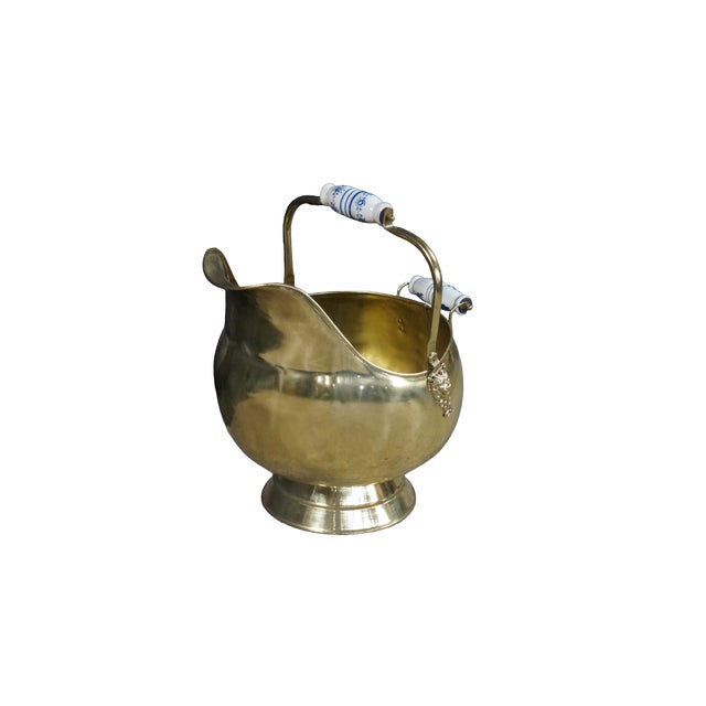 Rustic European Antique Brass Coal Scuttle Delft Blue Porcelain Handle Fireplace Ash Bucket 16" For Sale - Image 3 of 18