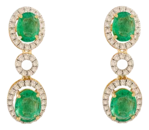 Luxury 18k Gold Art Deco Two Tier Emerald Earrings With Halo Diamonds