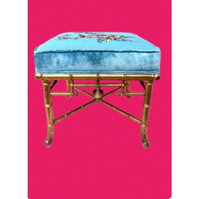 Late 19th Century Late 19th Century French Chinoiserie Faux Bamboo Ottoman Stool With Antique Gilt Finish and Needlepoint Upholstery For Sale - Image 5 of 9