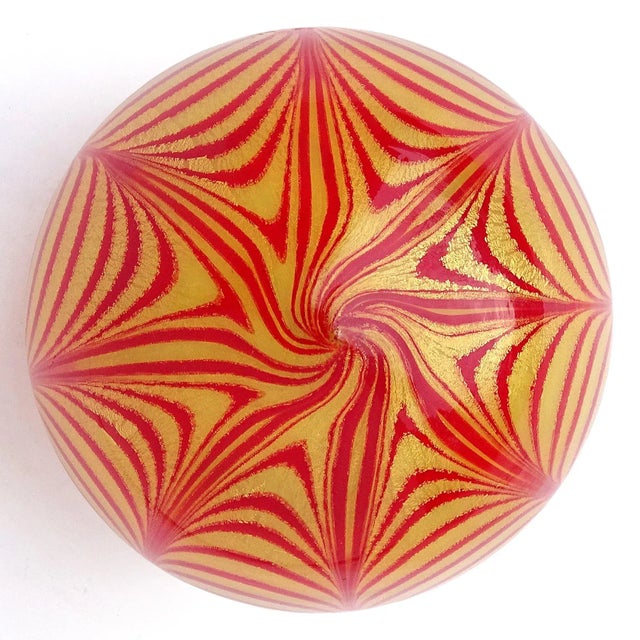Beautiful vintage Murano hand blown red and gold flecks Italian art glass decorative paperweight with label. The...