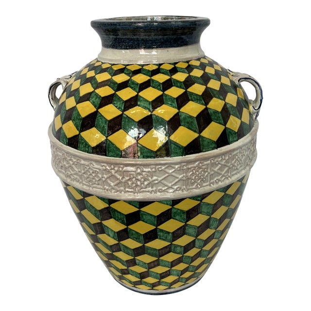 1990s Large Italian Hand Painted Yellow and Green Ceramic Urn With Two Handles For Sale