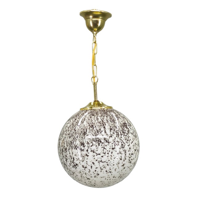 Brass and Marble Glass Globe Pendant Light, Czechoslovakia, 1970s For Sale
