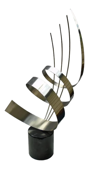 Curtis Jere Brushed Chrome Ribbon Sculpture on Marble Base, Signed and Dated
