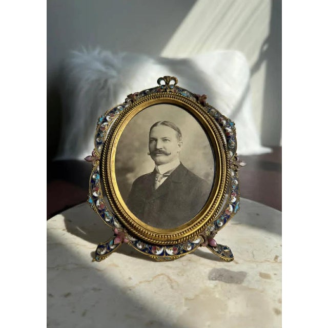 Antique Colorful Enamel Bronze Photo Frame With Black and White Picture of a Gentleman From 19th Century For Sale - Image 4 of 10