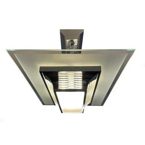 Art Deco ceiling lamp Henri Petitot Paris around 1930. Newly chrome-plated brass with round glass rods and etched glass...