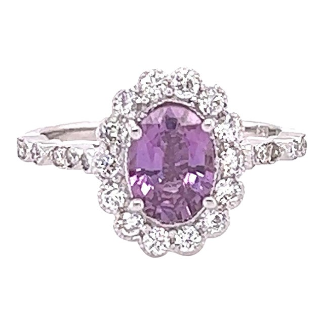 Gia Certified 1.84 Carat Purple Pink Sapphire Diamond 18 Karat White Gold Ring, Size 7 For Sale