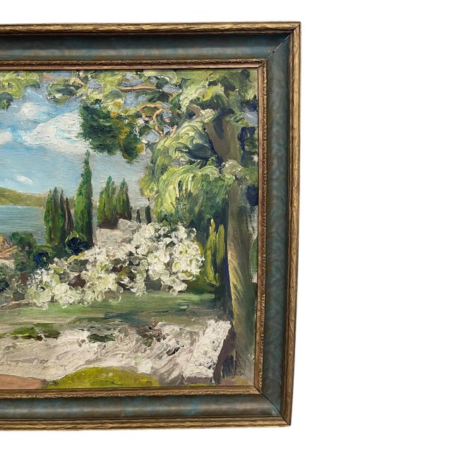 Vintage Coastal Landscape Painting in Impressionist Style, Framed Seascape With Sailboat - Unknown Artist For Sale - Image 4 of 10