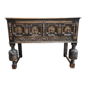 18th Century Oak Jacobean Style Carved Console Table With 2 Drawers and Bulbus Turned Legs