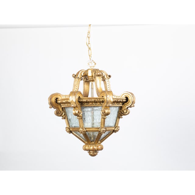 Early 20th Century French Baroque Style Giltwood Lantern with Carved Volutes and Textured Glass For Sale In Atlanta - Image 6 of 11