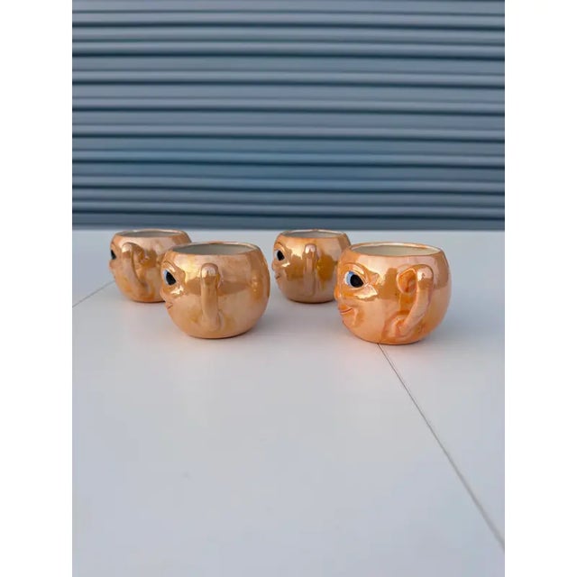 Art Deco Vintage Anthropomorphic Man in the Moon Porcelain Mugs – Set of 4 Lusterware Figural Cups, Made in Japan (1920s–1930s) Pre-War Novelty Drinkware For Sale - Image 3 of 12