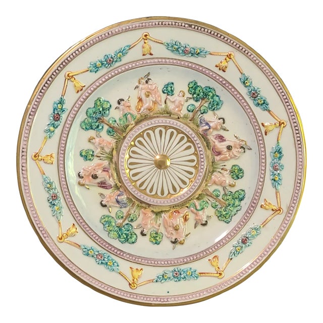 Large Vintage Capodimonte Italian Relief Charger Wall Plate Floral Garland Cherubs Marked For Sale