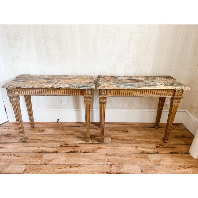 French Pair of French Louis XIV Style Gilded Marble Top Console Tables For Sale - Image 3 of 10